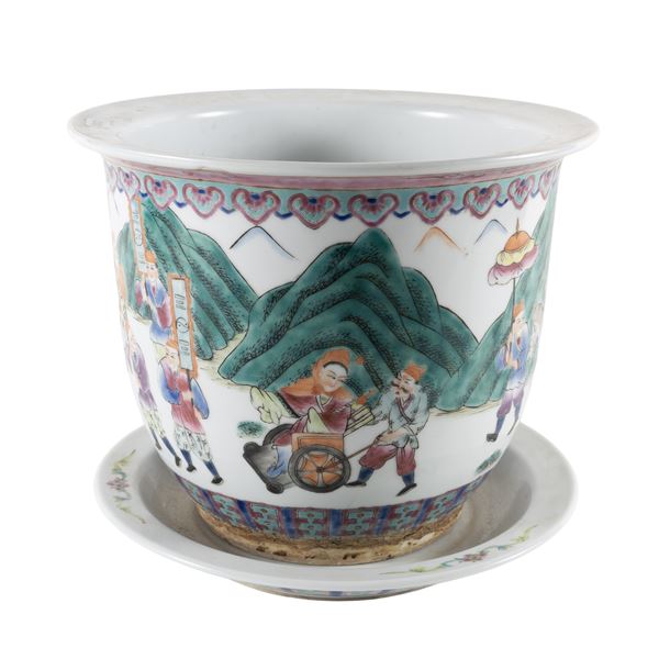 Cachepot con piatto in porcellana Famiglia rosa