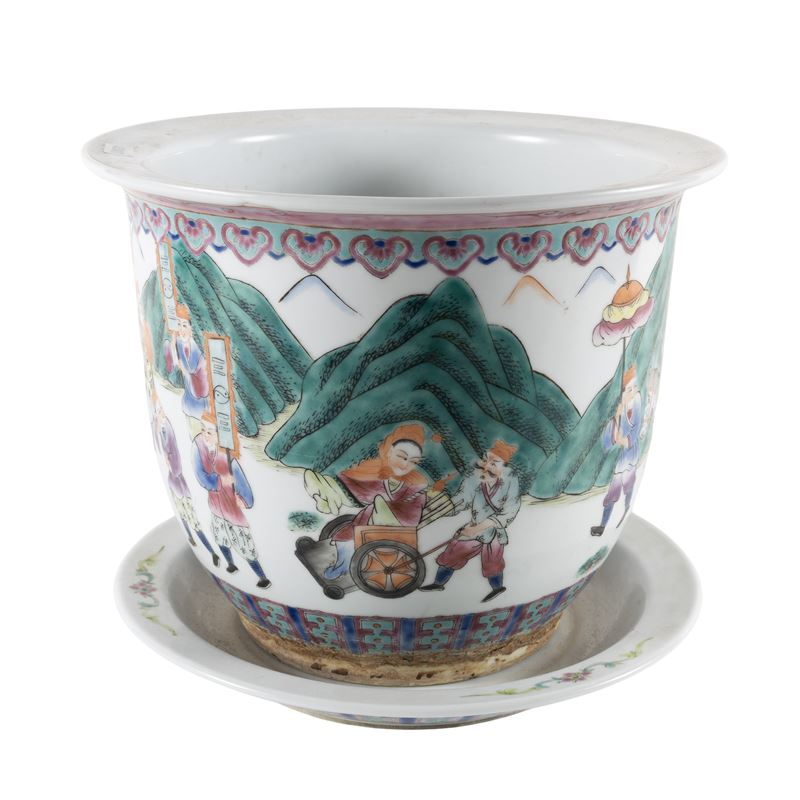 Cachepot con piatto in porcellana Famiglia rosa