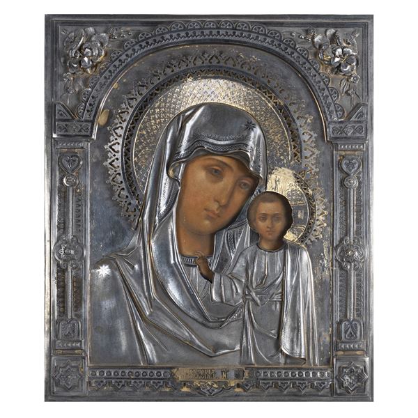 Icon depicting the Virgin of Kazak with silver riza