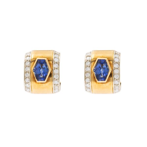 18kt two-color gold with sapphires and diamonds lobe earrings