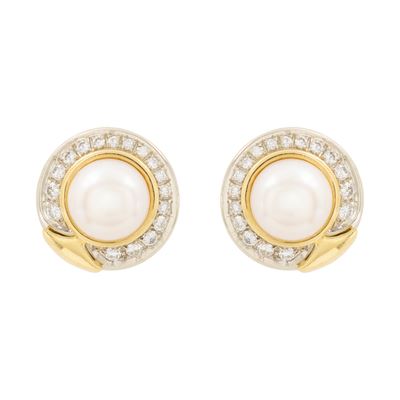 Orecchini a lobo in oro a due colori 18kt con perle coltivate e diamanti