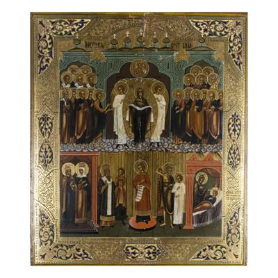 Icona russa del Pokrov, tempera su tavola