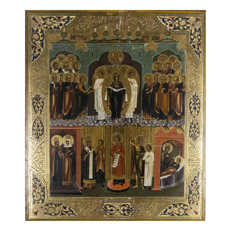 Icona russa del Pokrov, tempera su tavola