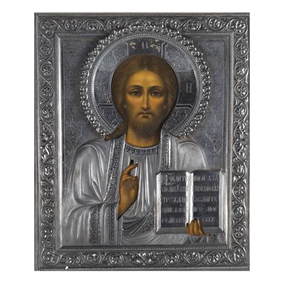 Icona, Cristo Pantocratore con riza in argento - tempera su tavola