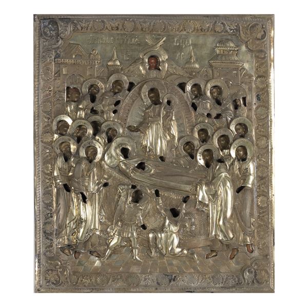 Icon depicting the Dormition of the Virgin with silver riza