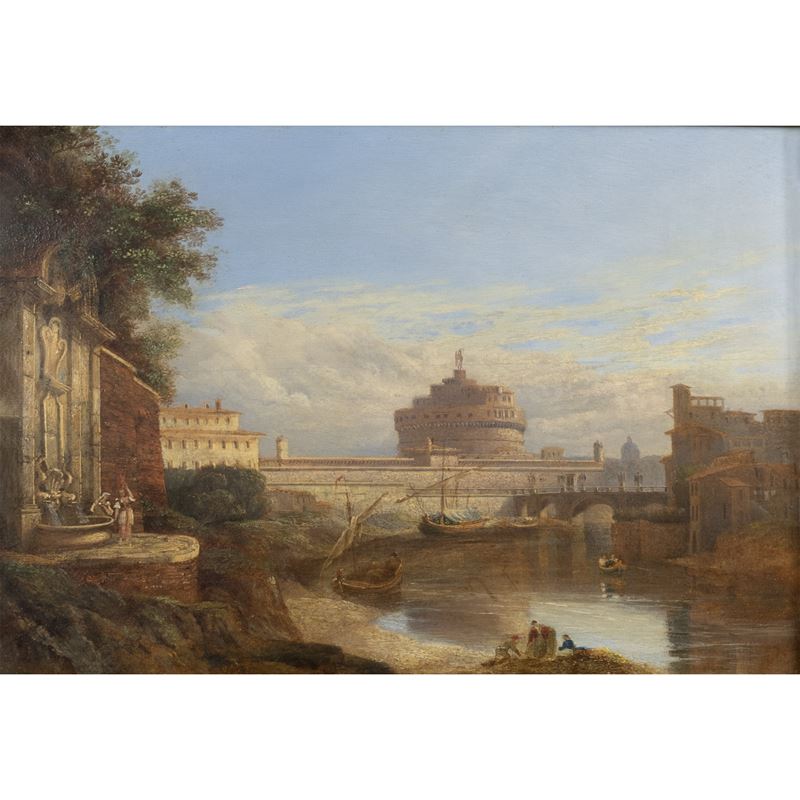 Pittore attivo a Roma, Veduta di Roma con Castel Sant'Angelo e il Tevere, olio su tavola