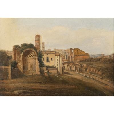 Pittore attivo a Roma, Tempio di Venere a Roma con lo sfondo della Basilica di Massenzio, olio su...