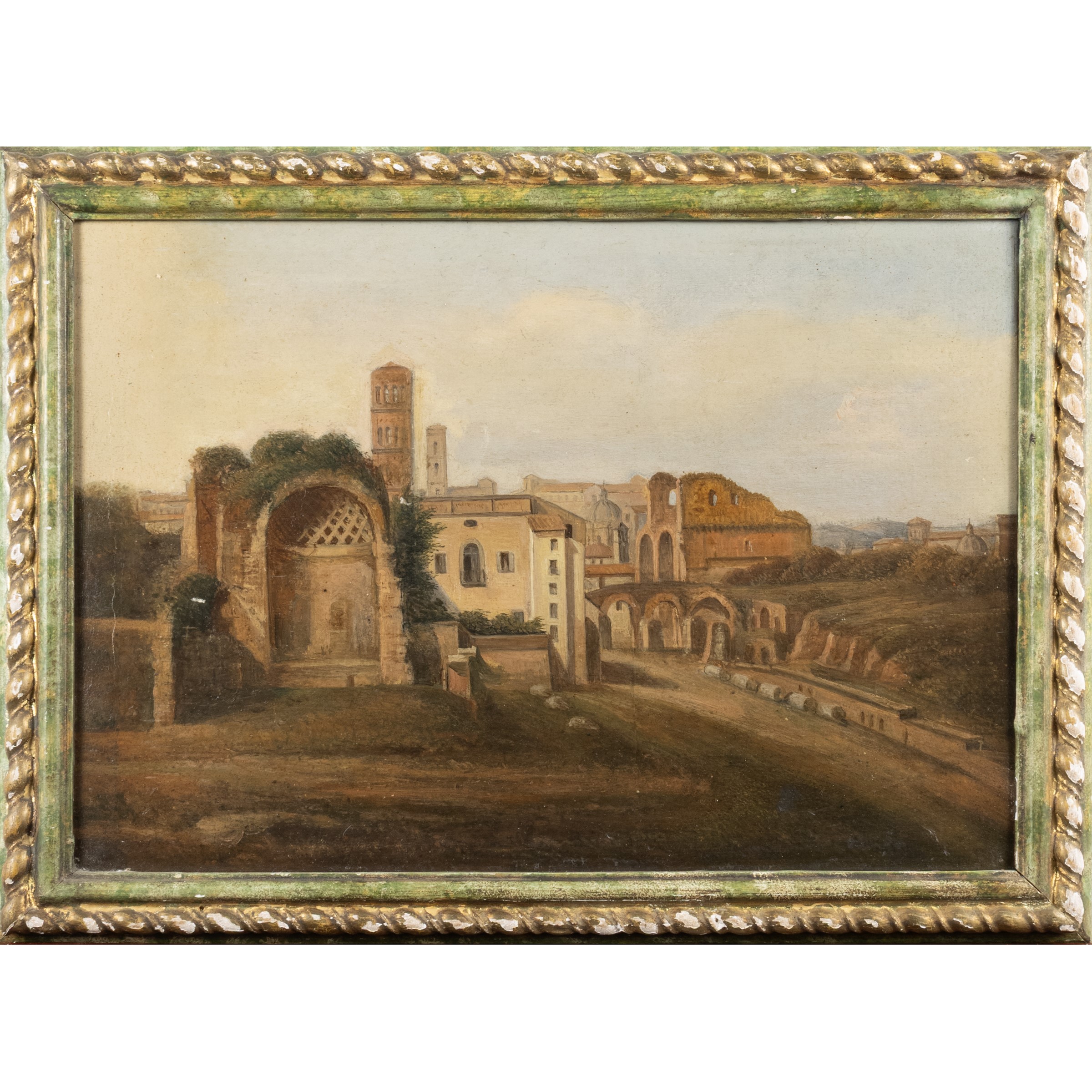 Pittore attivo a Roma, Tempio di Venere a Roma con lo sfondo della Basilica di Massenzio, olio su...