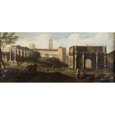 Pittore attivo a Roma, Veduta del Foro Romano con l'Arco di Settimio Severo e figure, olio su tel...