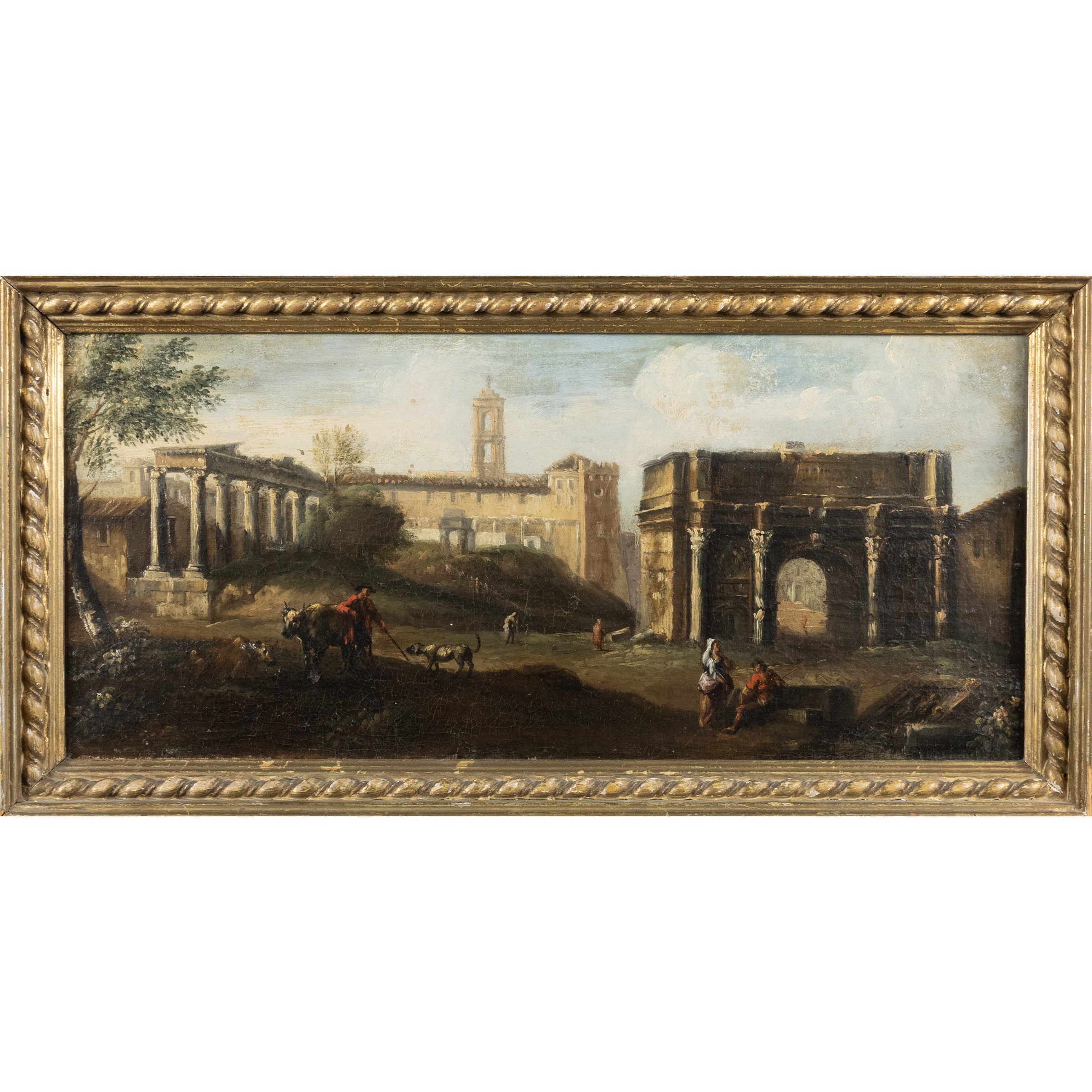 Pittore attivo a Roma, Veduta del Foro Romano con l'Arco di Settimio Severo e figure, olio su tel...