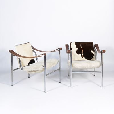 Poltroncine mod. LC1 in metallo cromato, cavallino e pelle