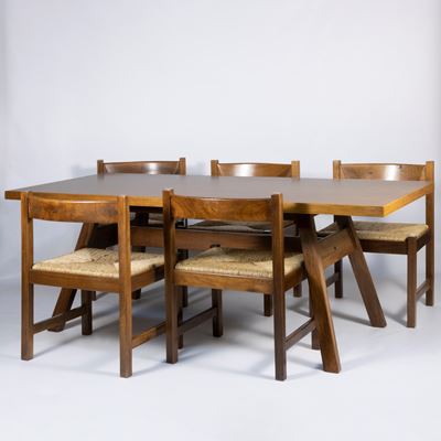Set di tavolo e sei sedie Serie Torbecchia, legno e paglia