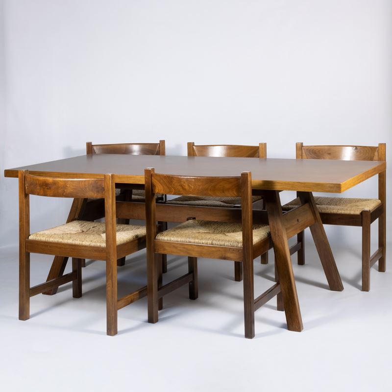 Giovanni Michelucci - Set di tavolo e sei sedie Serie Torbecchia, legno e paglia
