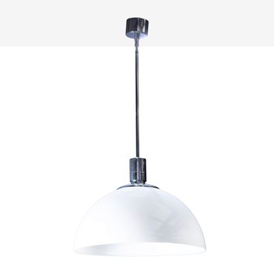 Franco Albini, Franca Helg, Antonio Piva, Lampada a sospensione serie AM/AS, metallo cromato e ve...