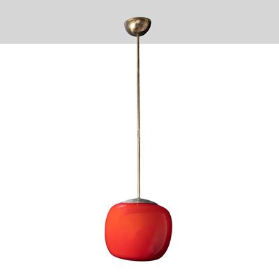 Manifattura italiana, Lampada a sospensione in ottone e vetro colorato