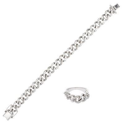 Demi parure in oro bianco 18 kt con maglia gourmette e diamanti, ct 3,50