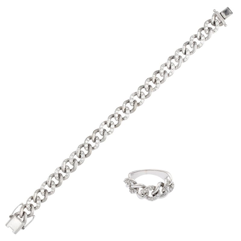 Demi parure in oro bianco 18 kt con maglia gourmette e diamanti, ct 3,50