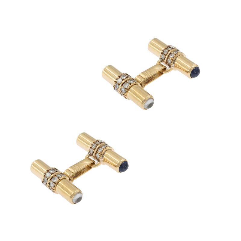 Gemelli in oro giallo 18kt con diamanti e zaffiri
