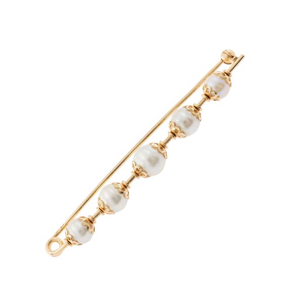 Spilla da balia in oro giallo 18kt e perle coltivate