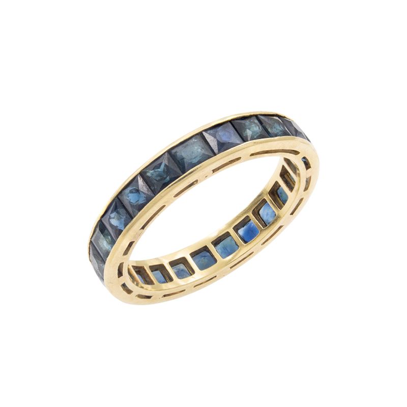 Anello fede in oro giallo 18kt e zaffiri