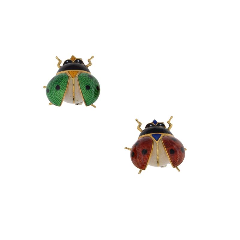 Due spille coccinelle in oro giallo 18kt e smalto policromo