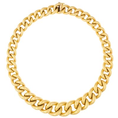 Collana a maglie groumette in oro giallo 18kt, lunghezza 45 cm, peso 68 gr.