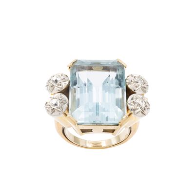 Anello a ponte in oro giallo e bianco 18kt con acquamarina e diamanti