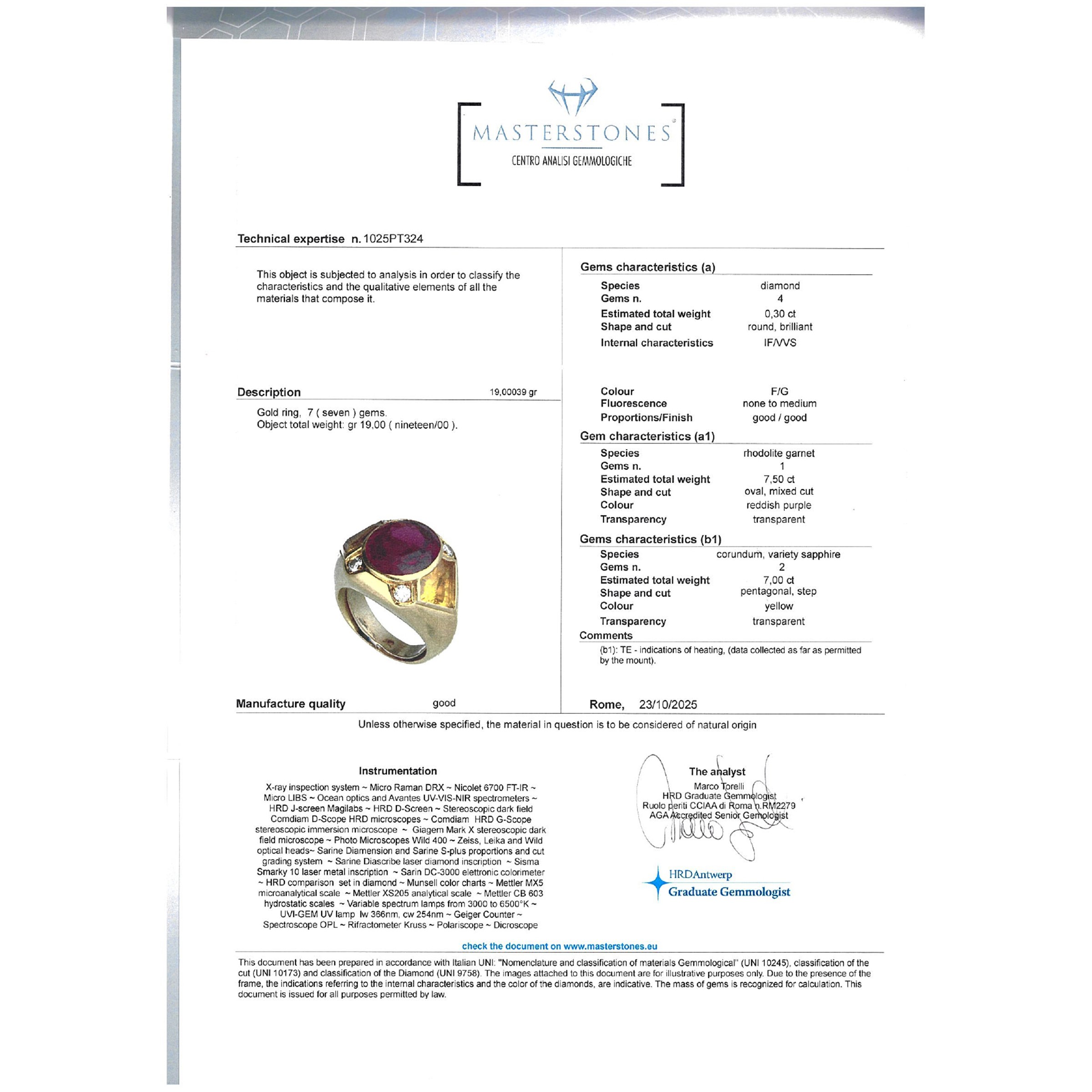 Anello in oro giallo 18kt rodolite, zaffiri gialli e diamanti