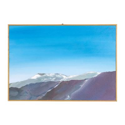 Paesaggio montano, olio e sabbia su compensato
