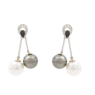 Orecchini pendenti in oro bianco 18kt con perle bianche e perle Tahiti, diamanti taglio brillante