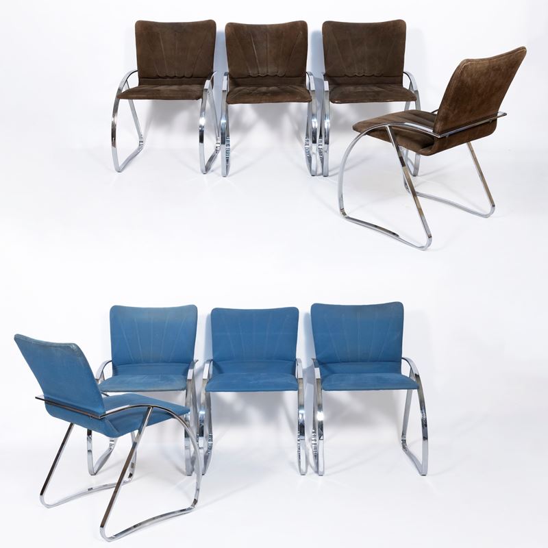 Renato Zevi - Set di otto sedie in acciaio e tessuto imbottito