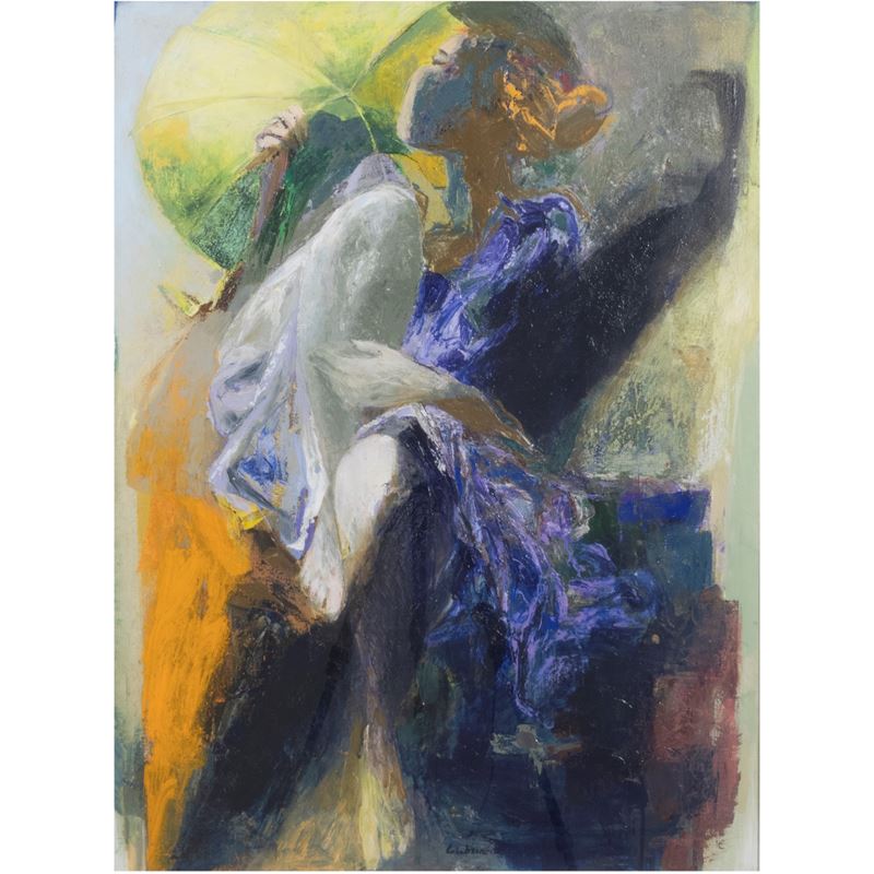 Ennio Calabria - Donna con ombrellino, olio su tela 80x60 cm, 1992