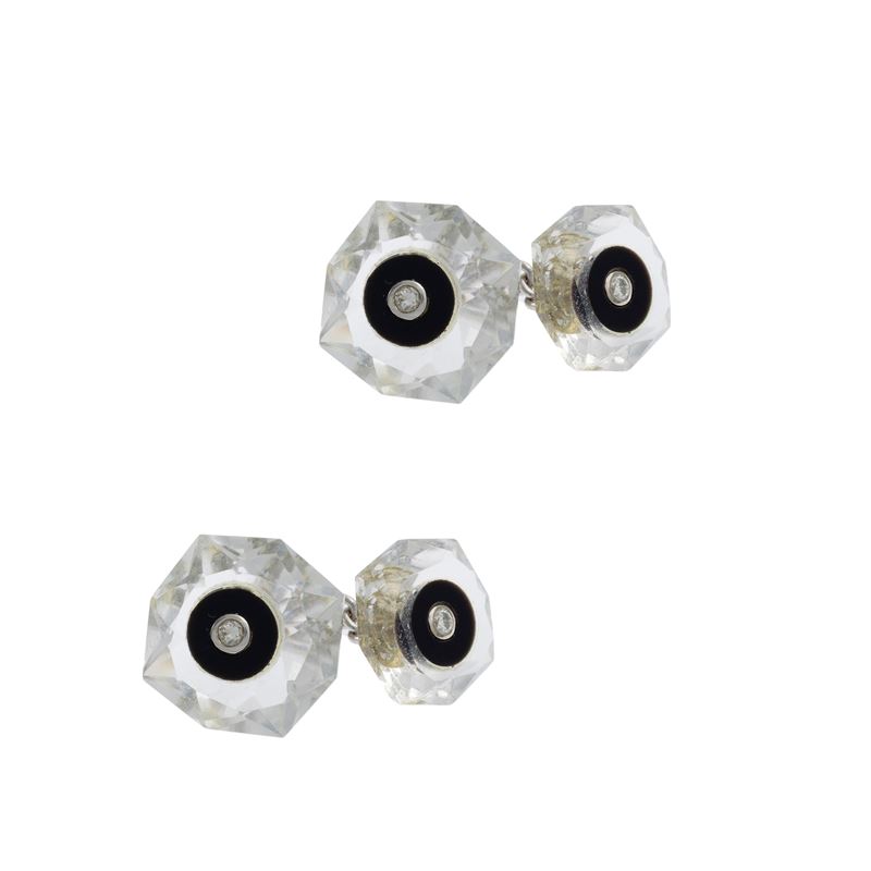 Gemelli in Oro Bianco 18kt Cristallo di Rocca, Onice Nero e Diamanti