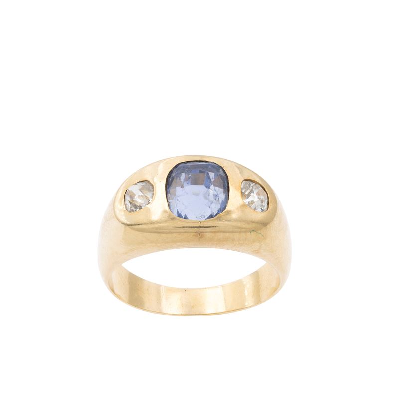 Antico Anello in Oro Giallo 18kt Zaffiro e Diamanti