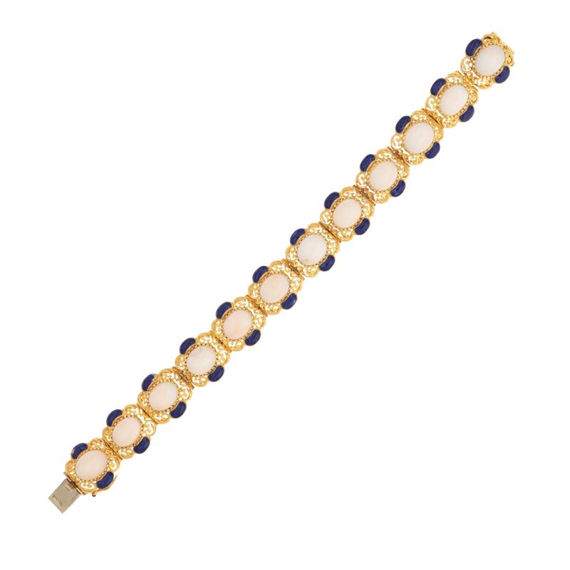 Bracciale in oro giallo 18kt corallo rosa e smalto blu