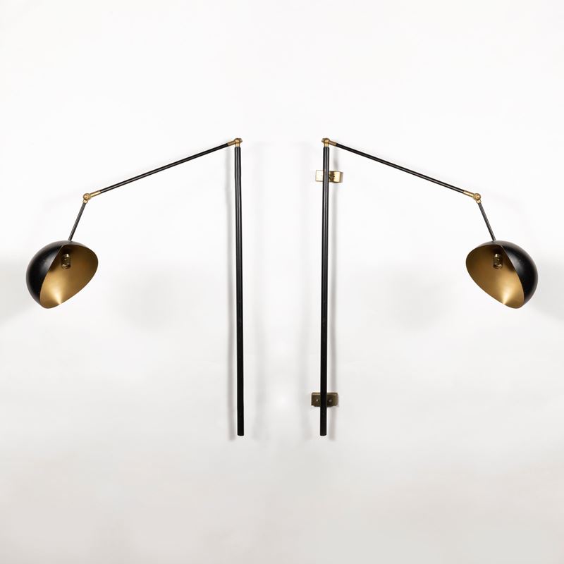 Lampade da parete orientabili, metallo verniciato e ottone, Italia, anni 50