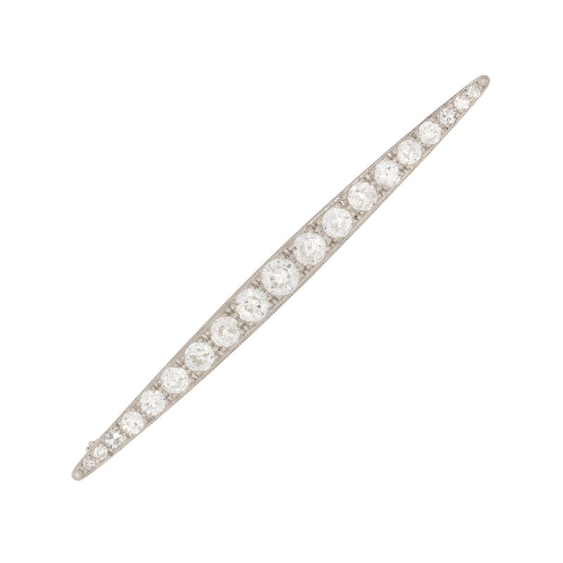 Spilla a barretta, oro bianco 18kt con diamanti, primi '900