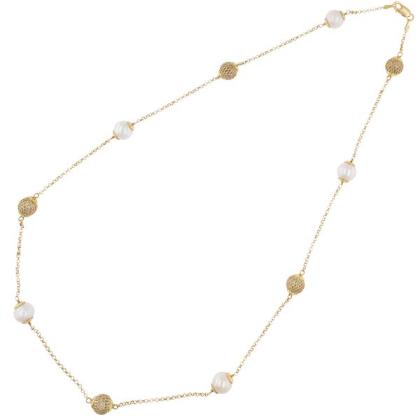 Collana in oro giallo 18kt perle coltivate alternate a sfere