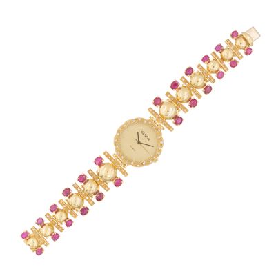 Orologio da donna Genève, oro giallo 18 kt con diamanti e rubini, anni '70/'80