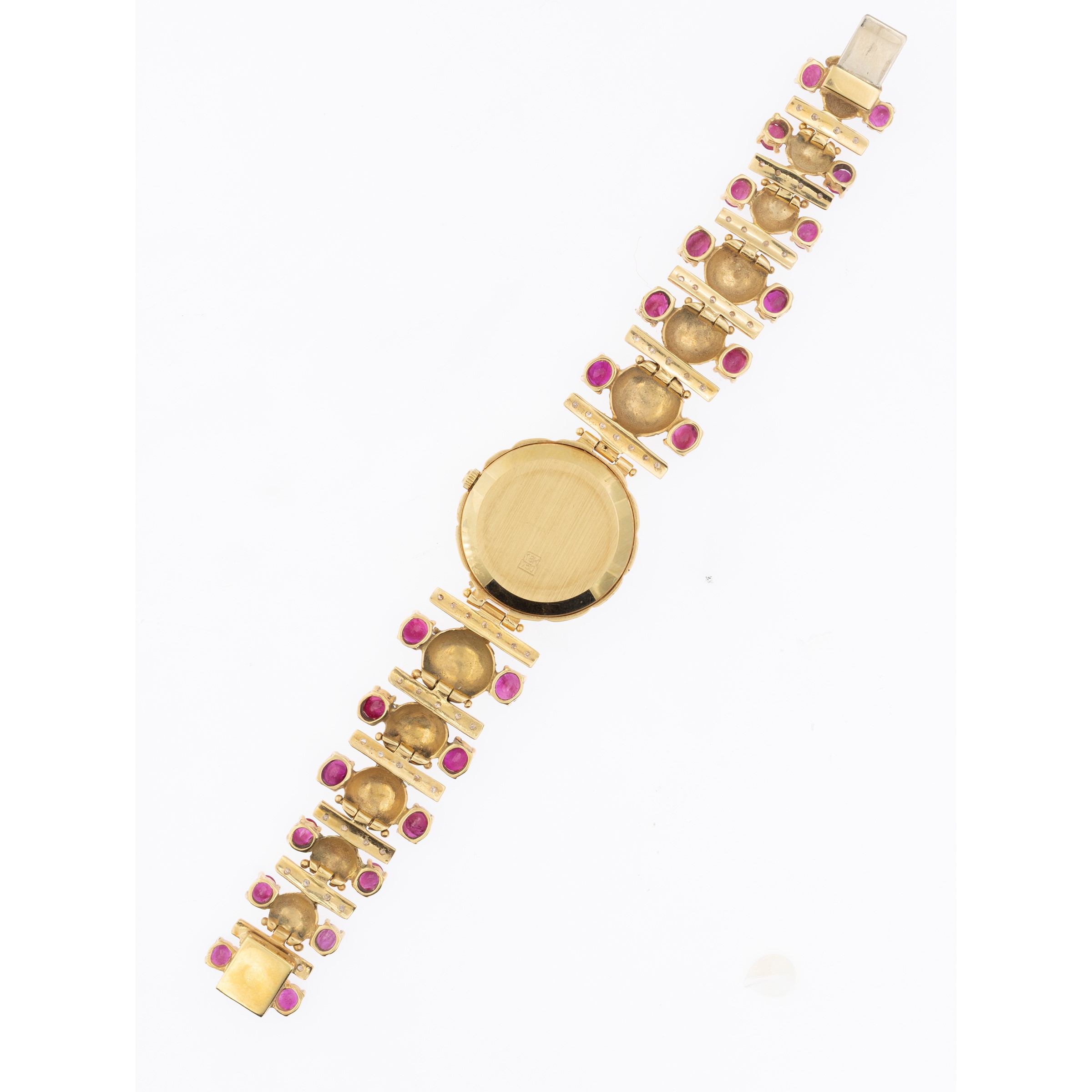 Orologio da donna Genève, oro giallo 18 kt con diamanti e rubini, anni '70/'80