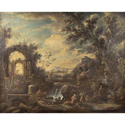 Pittore italiano, Capriccio con figure, olio su tela