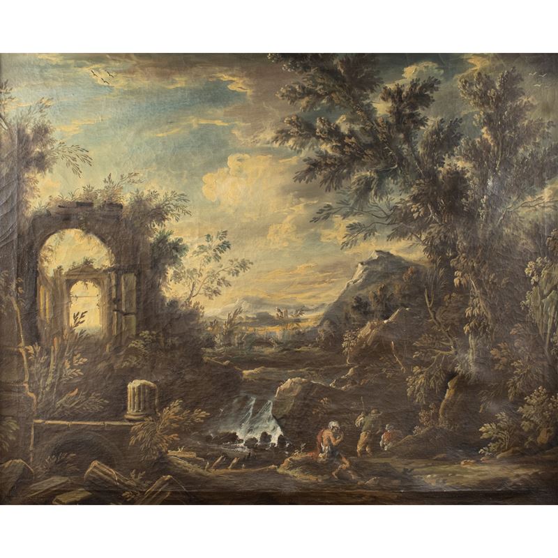 Pittore italiano, Capriccio con figure, olio su tela