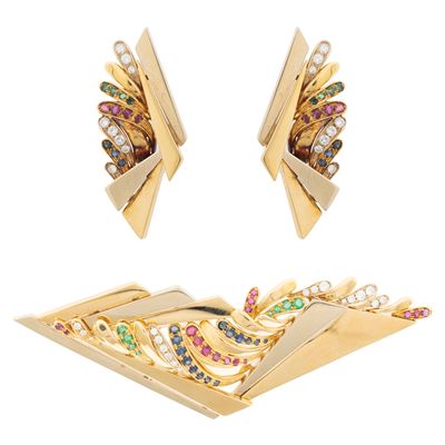 Sandi, Demi parure geometrica in oro giallo con diamanti e gemme multicolori