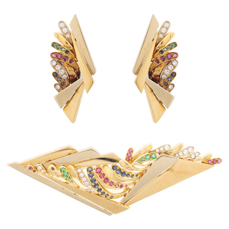 Sandi, Demi parure geometrica in oro giallo con diamanti e gemme multicolori