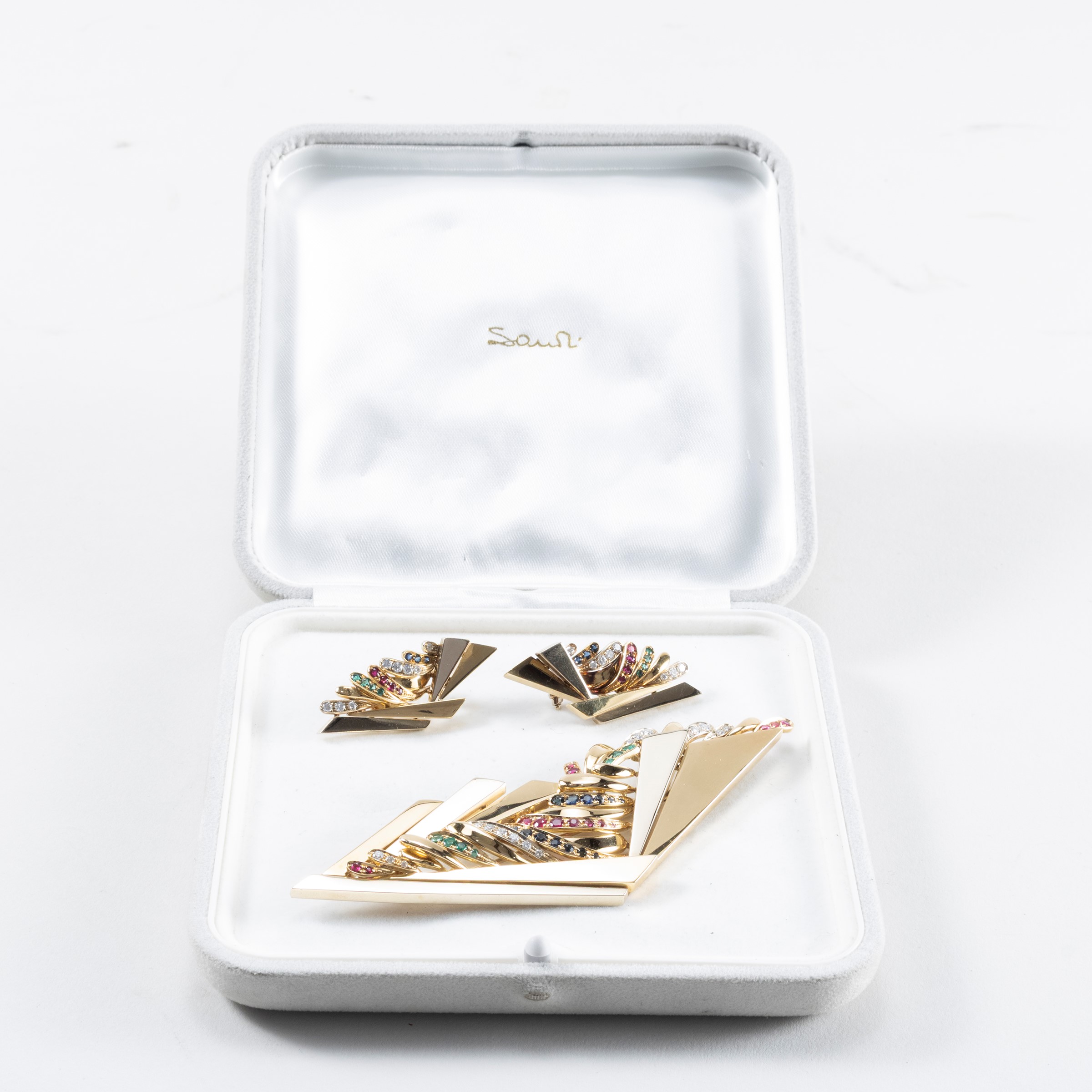 Sandi, Demi parure geometrica in oro giallo con diamanti e gemme multicolori
