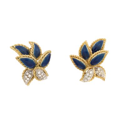 Orecchini a lobo in oro giallo e bianco 18kt con smalto blu e diamanti