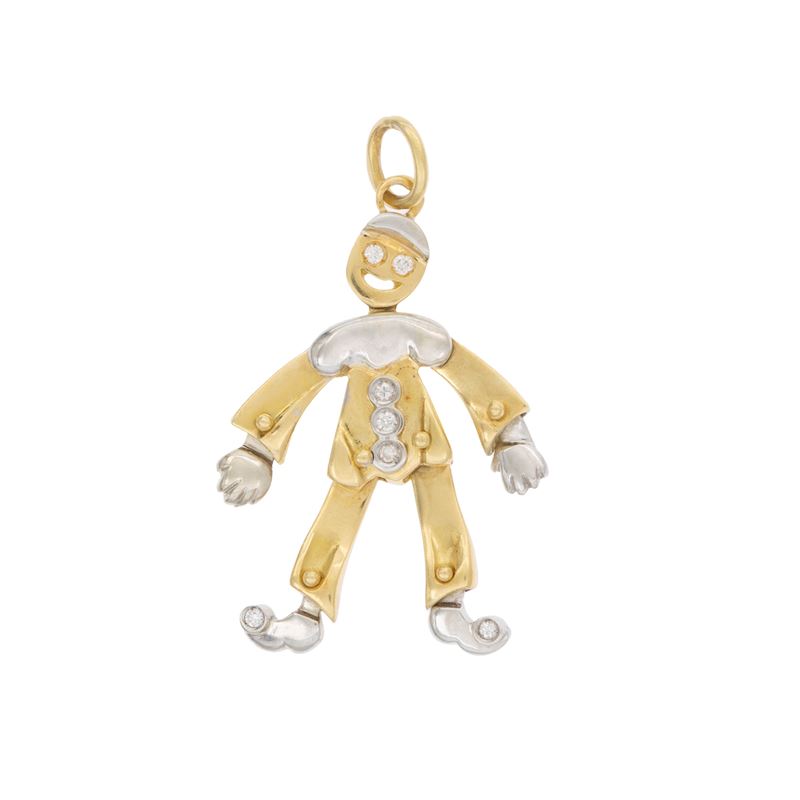 Pendente snodato, pagliaccio in oro giallo e bianco 18kt con diamanti