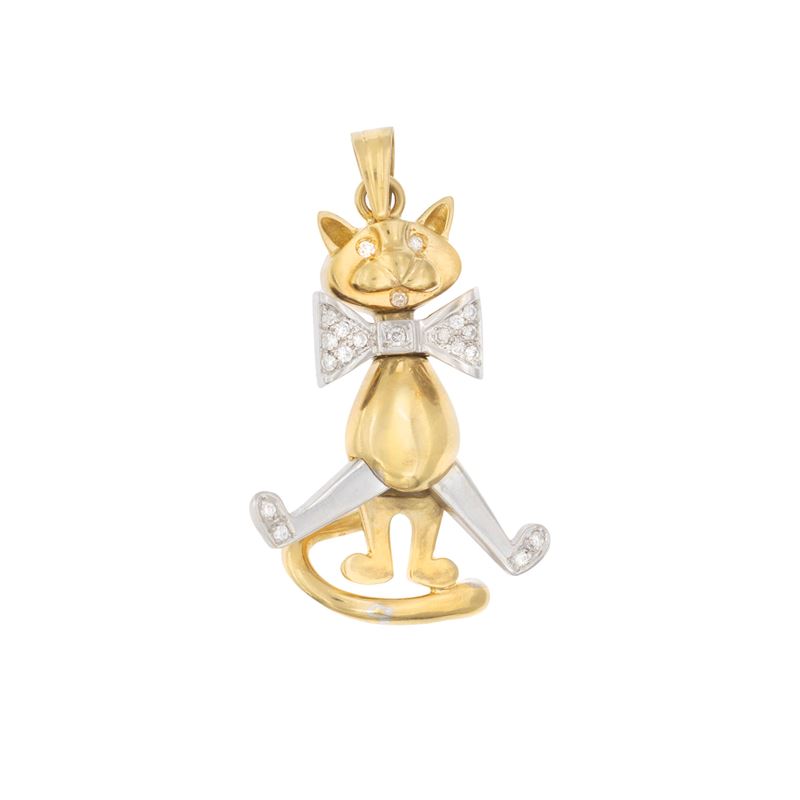 Pendente snodato, gatto in oro giallo e bianco 18kt con diamanti