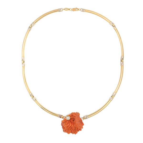 18kt yellow and white gold and sculpted coral necklace