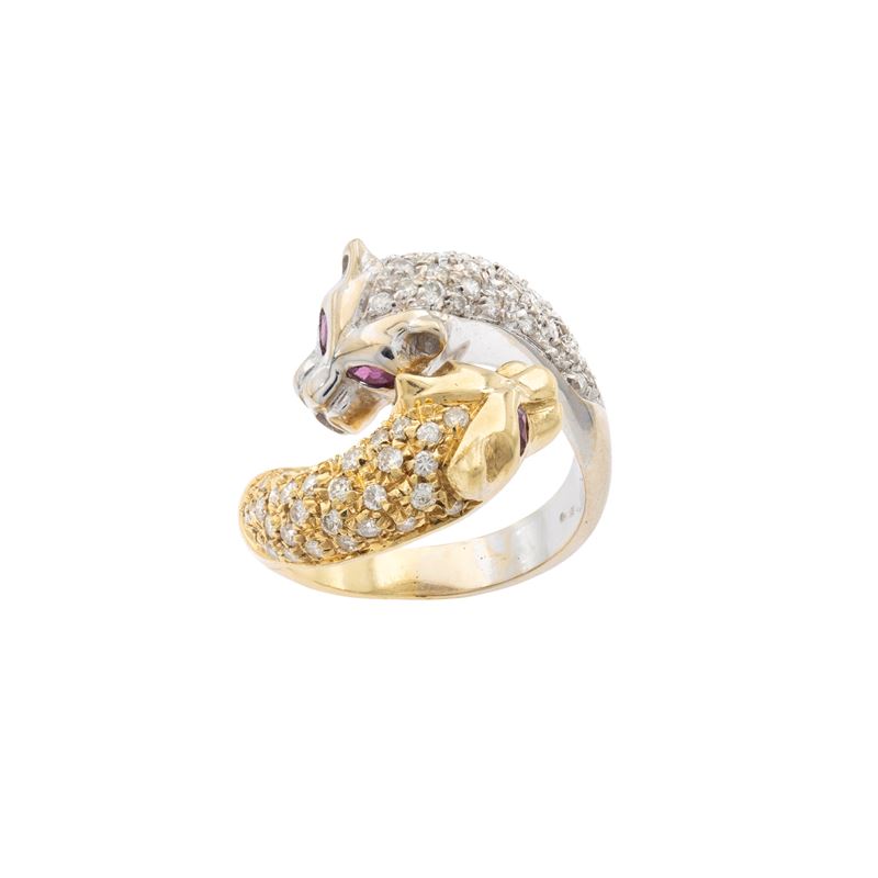Anello pantere contrarié in oro a due colori 18kt
